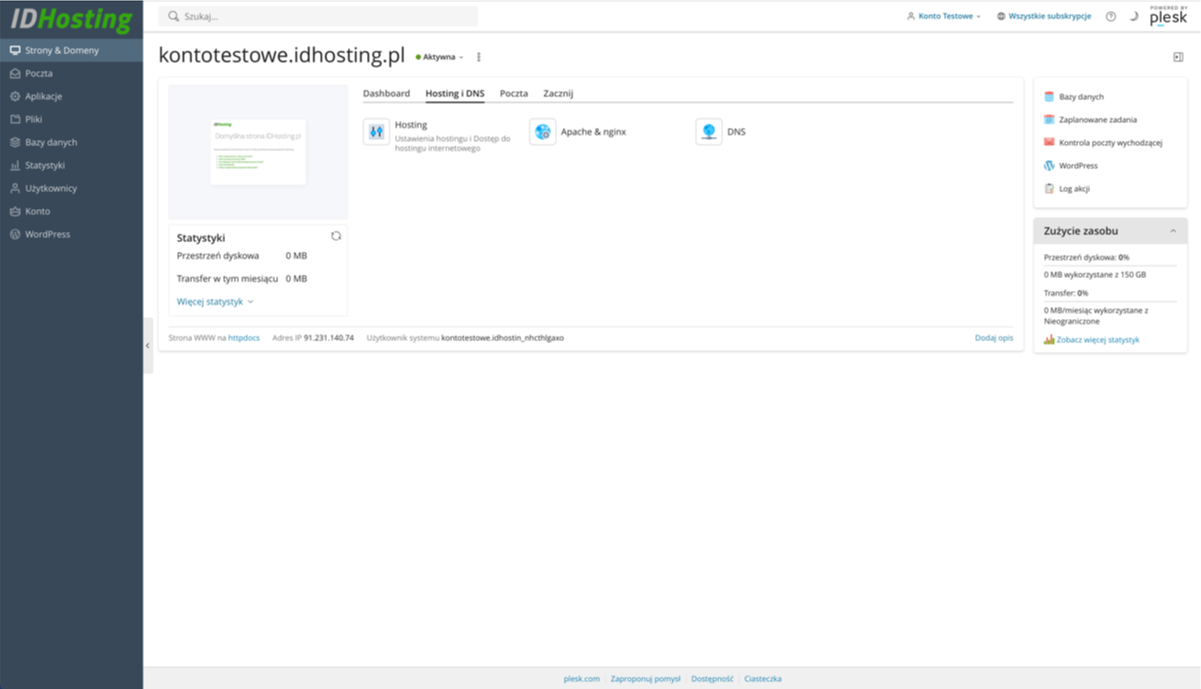 Plesk - opcje zaawansowane domeny