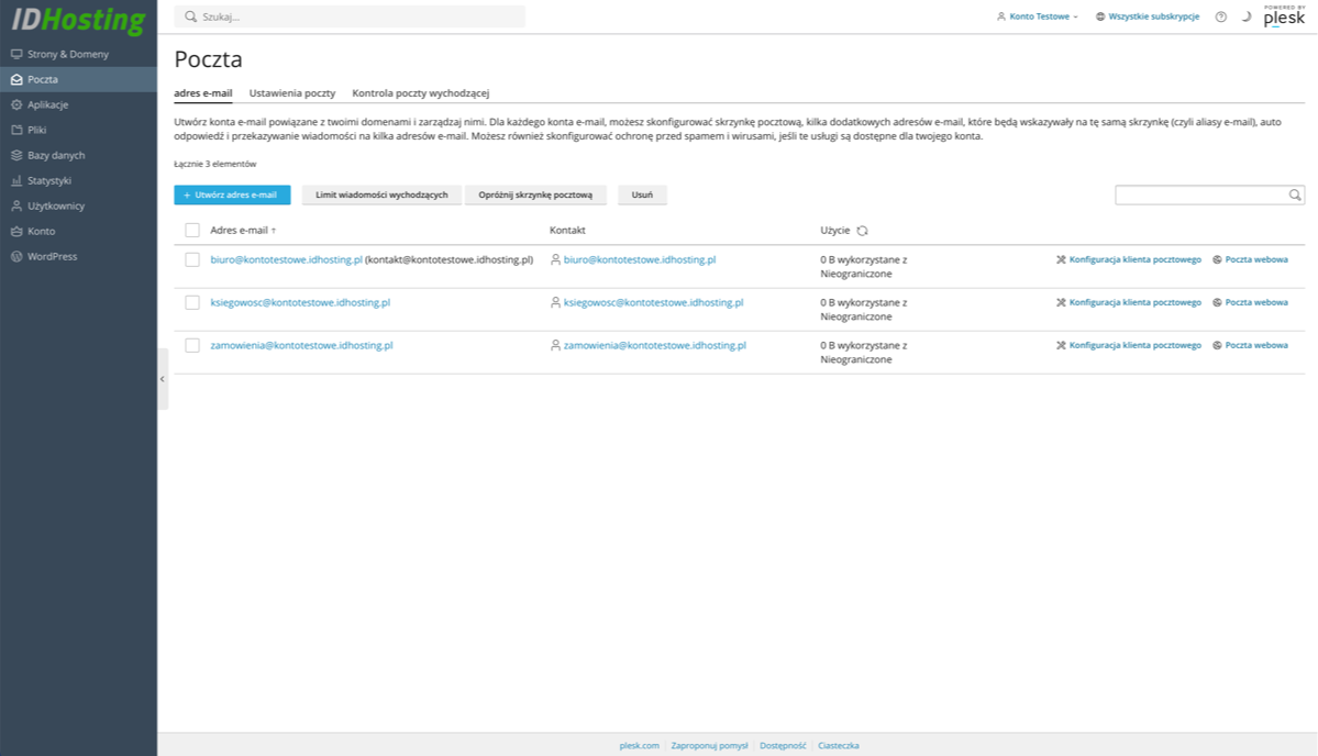 Plesk - zarządzanie kontami e-mail