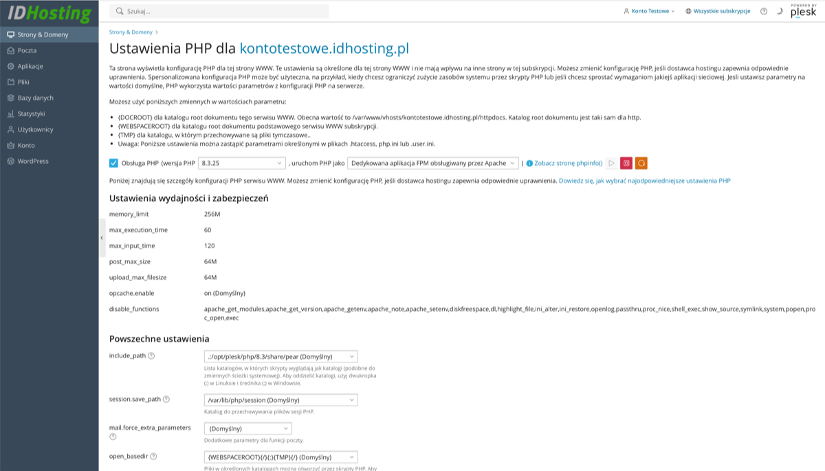 Plesk - opcje zaawansowane PHP