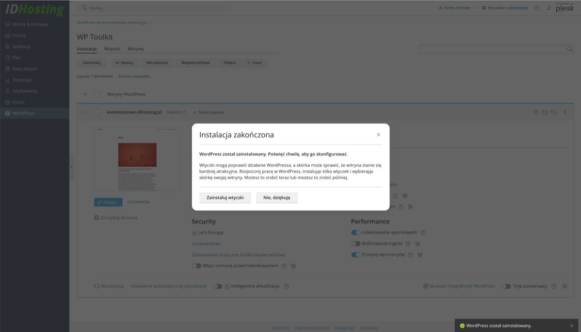 Wordpress Toolkit - instalacja zakończona pomyślnie